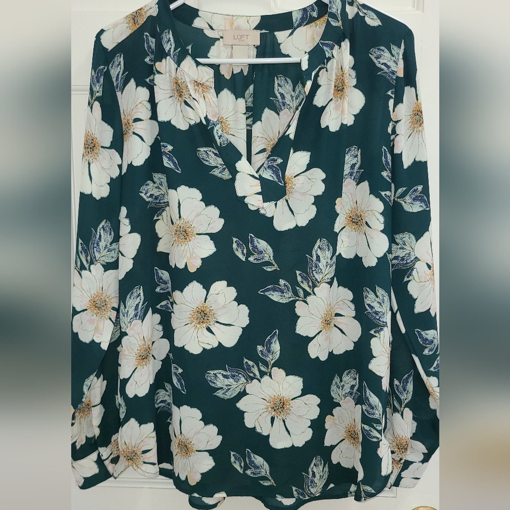 LOFT Dark Green Floral V-Neck Blouse with White Flowers